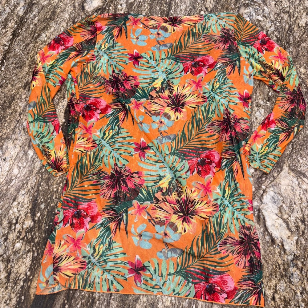 Tropical‎ Floral Mesh Beach Swim Cover Up Cardigan Womens Large Orange Unbranded - Picture 5 of 6